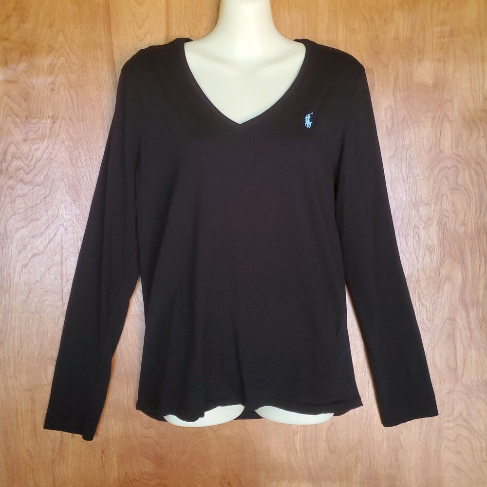 Ralph Lauren Womens Long Sleeve T Shirt Size XL Black 100% Cotton V Neck Pony